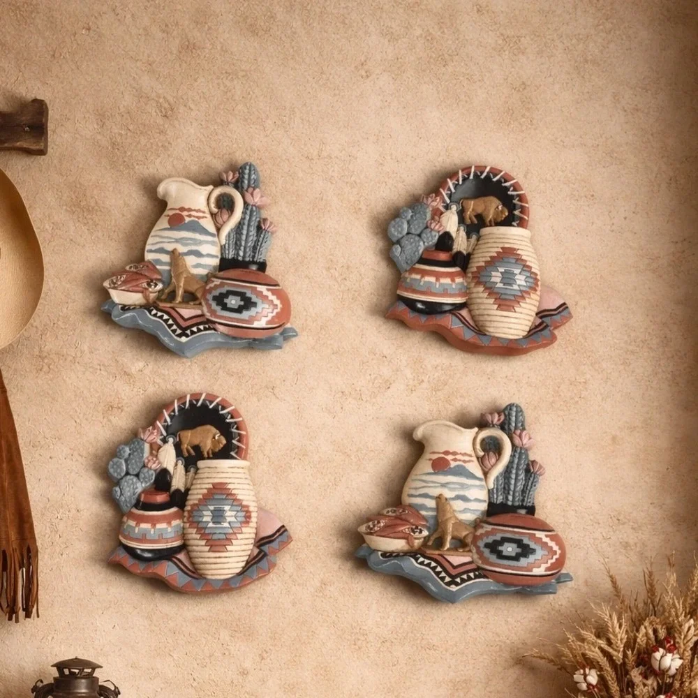 Vintage GIA Inc 1997 Southwestern Wall Art Plaques Wolf Buffalo Set of 4 3374-1A